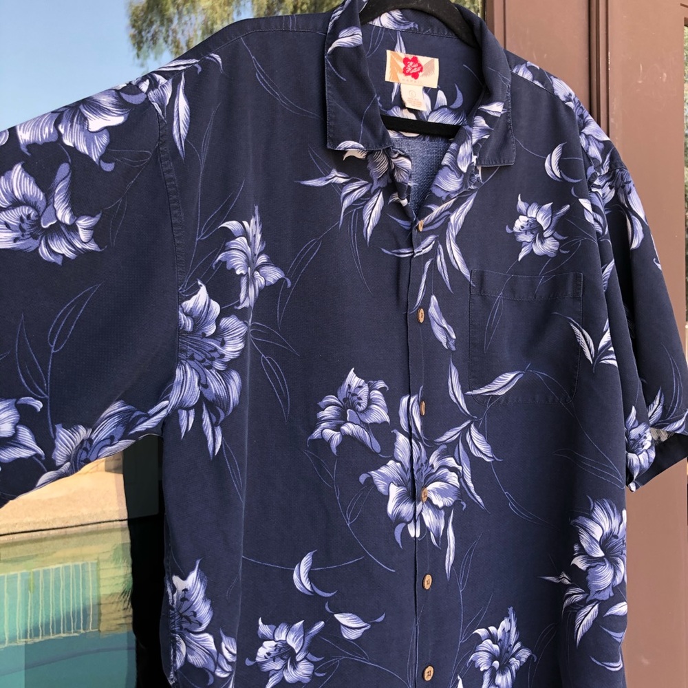 Hilo Hattie Navy Blue Hawaiian Floral Silk Button Down Shirt Mens L